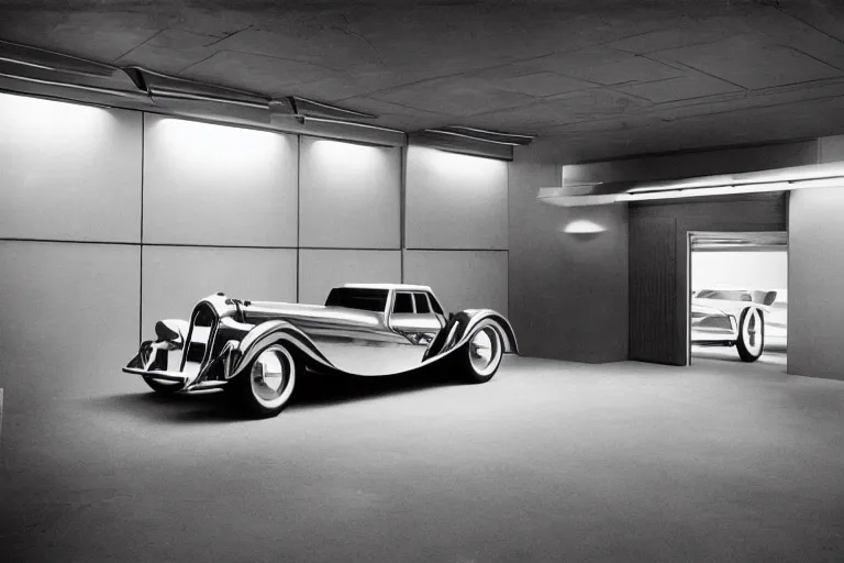 Image similar to single futuristic duesenberg model sj concept, inside of a minimalist Tokyo garage, ektachrome photograph, volumetric lighting, f8 aperture, cinematic Eastman 5384 film