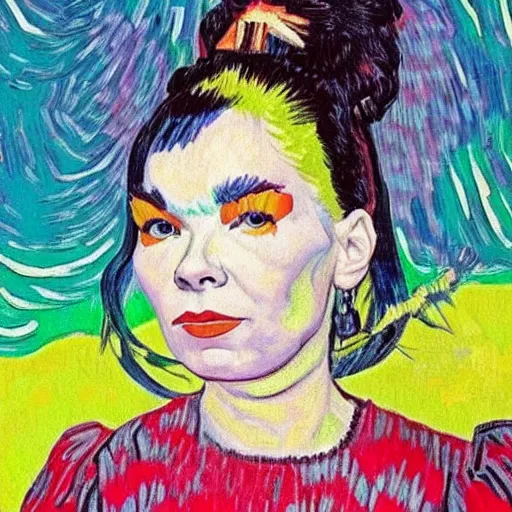 Image similar to very very very detailed and colorful portrait of bjork, painted by van gogh, beautiful