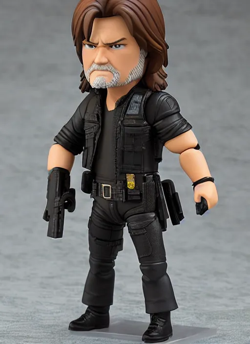 Image similar to kurt russell, a nendoroid of kurt russell is snake plisskin figurine, escape from new york, realistic face, detailed product photo