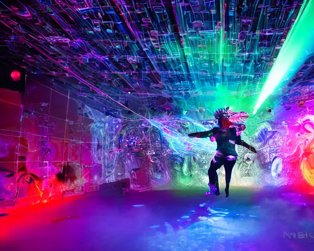 Image similar to Jumping Quetzalcoatl smashing computers, group of people on stage playing instruments, elaborate stage effects, dust, smoke, giant LED screens, colored projections, ultrafine detail, cybersuit, glowing thin wires, smoke, high contrast, projections, holography, volumetric lighting, cinematography by Jim Jarmusch