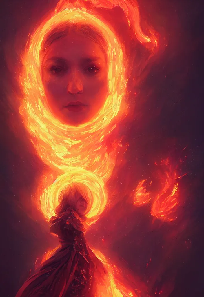 Image similar to a fancy portrait of a small female celestial engulfed in coloured flames by greg rutkowski, sung choi, mitchell mohrhauser, maciej kuciara, johnson ting, maxim verehin, peter konig, bloodborne, 8 k photorealistic, cinematic lighting, hd, high details, dramatic, dark atmosphere, trending on artstation