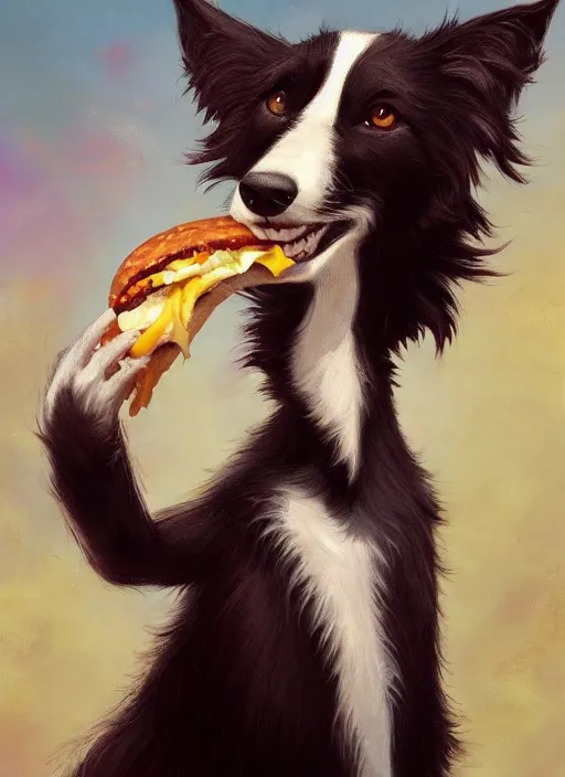 Image similar to wide shot painting of a male anthropomorphic border collie fursona eating a cheeseburger, beautiful, intricate, elegant, realistic proportions, highly detailed, scenic background, trending on artstation, art by charlie bowater and henry asencio and and ross tran