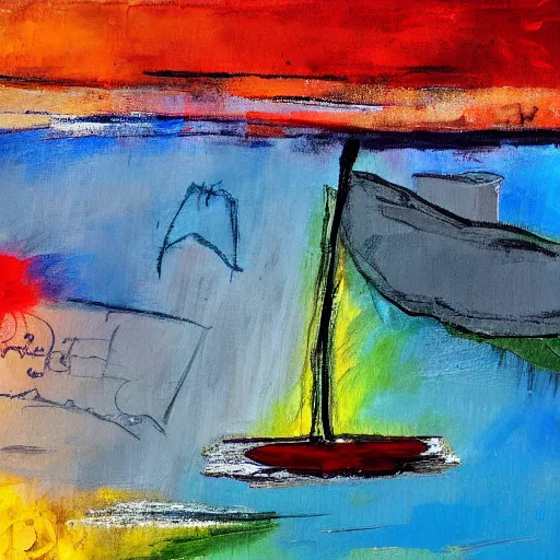 Prompt: a painting of a sailboat floating on a body of water, an abstract painting by ted degrazia, reddit contest winner, lyrical abstraction, mixed media, acrylic art, oil on canvas