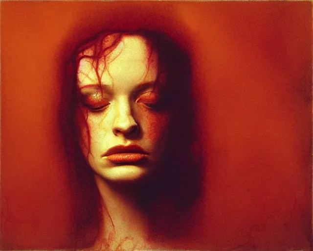 Image similar to by francis bacon, beksinski, mystical redscale photography evocative. christina hendricks kat dennings