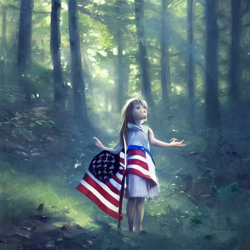 Image similar to child's hand holding a very tiny american flag in the forest, digital art by ruan jia and mandy jurgens and artgerm, highly detailed, trending on artstation, award winning