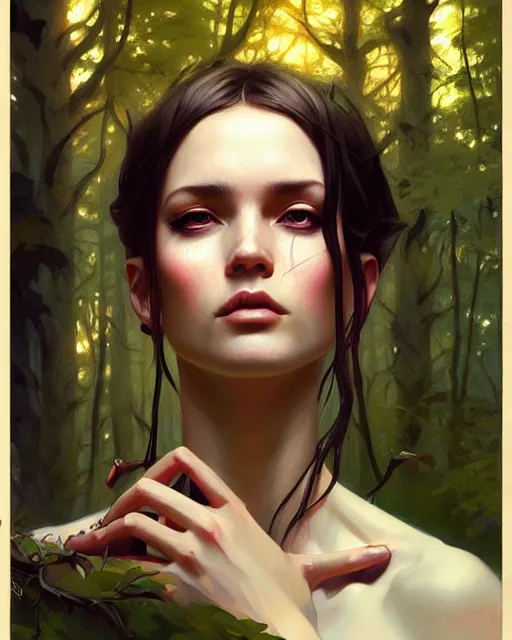 Prompt: stylized portrait of an artistic pose, composition, old forest witch surrounded by nature, realistic shaded, fine details, realistic shaded lighting poster by ilya kuvshinov, magali villeneuve, artgerm, jeremy lipkin and michael garmash and rob rey