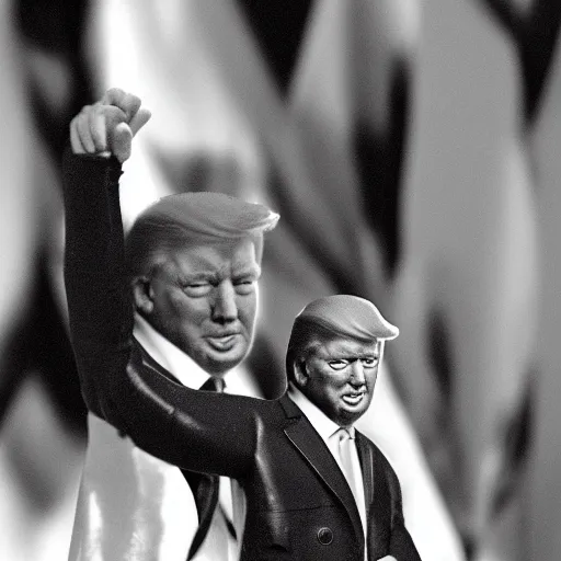 Image similar to a realistic portrait of Donald Trump with tiny hands, black and white photograph, hands are waving