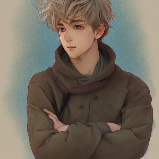 Image similar to young man with short, ash blond greyish hair, light brown eyes, casual clothes, relaxing, happy, path traced, highly detailed, high quality, digital painting, by studio ghibli and alphonse mucha, leesha hannigan, beautiful details, soft and warm