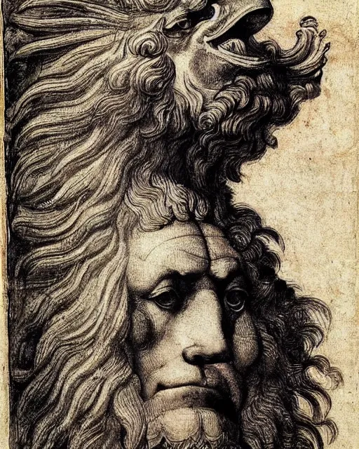 Image similar to four faces in one creature, human face, eagle beak, lion mane, two large horns on the head, drawn by da vinci. symmetrical