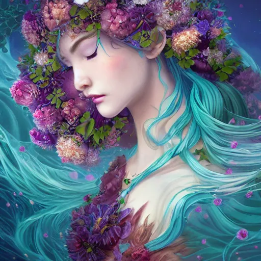 Prompt: Elven druid queen in a swirling sundress of flowers, underwater, floral explosion, radiant light, vortex of plum petals, by WLOP, Hasui Kawase and artgerm, artstation, deviantart