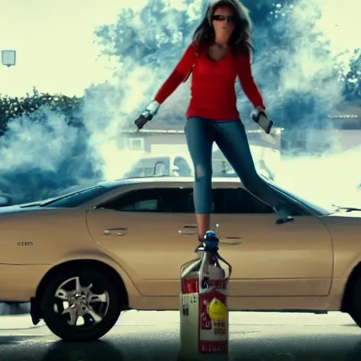 Image similar to movie still from the movie spring breakers (2012), rendering of a woman standing on top of a car holding a fire extinguisher, uhd, 8k, cinematic,