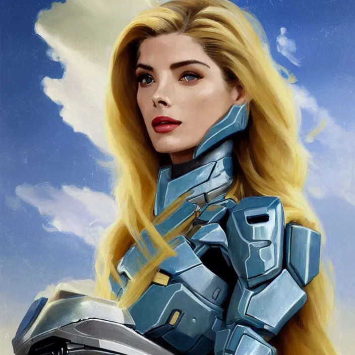 Image similar to A combination of Adriana Dxim's and Grace Kelly's and Ashley Greene's appearances with blonde hair wearing Forerunner armor from Halo, countryside, calm, fantasy character portrait, dynamic pose, above view, sunny day, thunder clouds in the sky, artwork by Jeremy Lipkin and Giuseppe Dangelico Pino and Michael Garmash and Rob Rey and Greg Manchess and Huang Guangjian, very coherent asymmetrical artwork, sharp edges, perfect face, simple form, 100mm