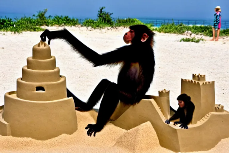 Image similar to a monkey touching a completed sand castle