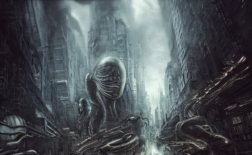 Prompt: an explosive epic extraterrestrial and hunan battle in new york city, in the style of h. r. giger, epic scene, extremely detailed masterpiece, extremely moody lighting, glowing light and shadow, atmospheric, shadowy, cinematic, god lighting