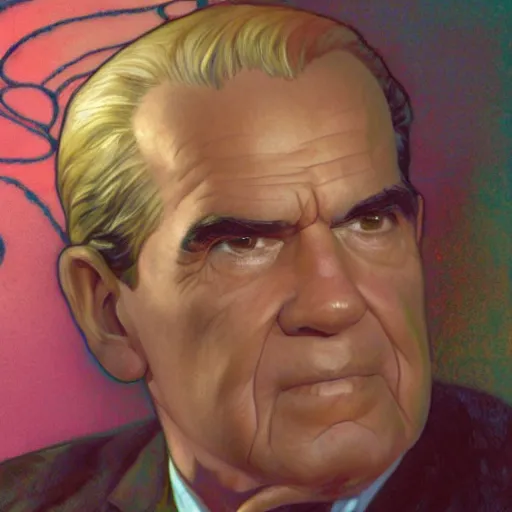 Prompt: Richard Nixon with pink pixie haircut drawn by Donato Giancola and Jon Foster, frank frazetta, alphonse mucha, background by James Jean and gustav klimt, 4k, volumetric lighting, trending on artstation, hyperrealistic