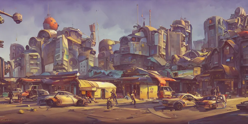 Prompt: overwatch building, stylized, exterior, architecture, in watercolor gouache detailed paintings, insanely detail, artstation, 8 k, futuristic, big medium small, arcane, simon stalenhag, food stall, interesting shapes & form, golden ratio, megastructures, vitaly bulgarov, slums, junkyard