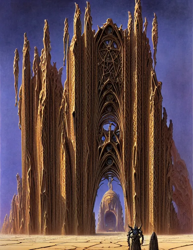 Image similar to giant immense crematorium advanced technology sci - fi architectural structure on desert planet, gothic architecture fantasy, d & d, intricate, painting by lucian freud and mark brooks, bruce pennington sakimi chan, fantasy armor, detailed face, dynamic lighting, tony sart