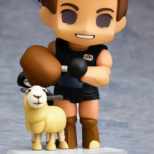 Image similar to arnold schwarzenegger lifting a sheep as nendoroid!, kodak film