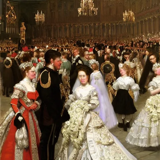 Prompt: painting of a royal wedding by Laurits Tuxen, highly detailed, fancy, high quality, oil painting, cinematic