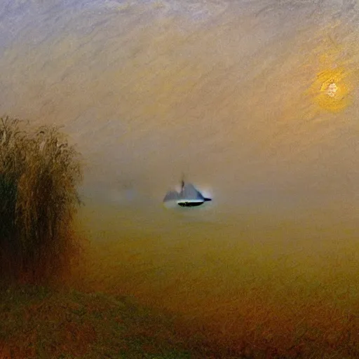 Image similar to willow trees in a misty field at daybreak, atmospheric, by turner and monet