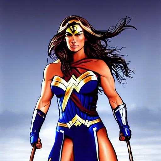 Image similar to trish stratus as wonder woman, artstation hall of fame gallery, editors choice, #1 digital painting of all time, most beautiful image ever created, emotionally evocative, greatest art ever made, lifetime achievement magnum opus masterpiece, the most amazing breathtaking image with the deepest message ever painted, a thing of beauty beyond imagination or words, 4k, highly detailed, cinematic lighting