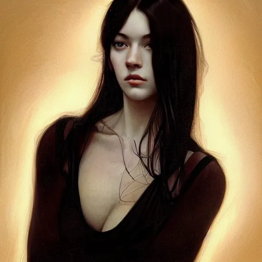 Prompt: portrait of teenage girl with long glossy black hair, glowing skin, delicate features, victoria wallace, stoya, fantasy, intricate, elegant, dress shirt and tie, highly detailed, digital painting, artstation, concept art, smooth, sharp focus, illustration, art by Krenz Cushart and Artem Demura and alphonse mucha