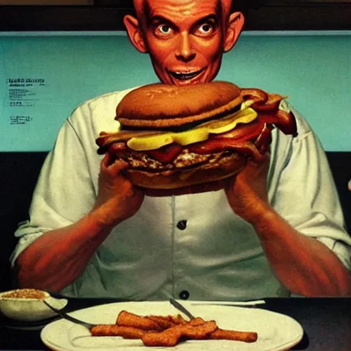 Image similar to beautiful cute alien, eating a cheeseburger, at a 5 0 s diner, painted by norman rockwell, greg rutkowski, john howe, wlop, artgerm