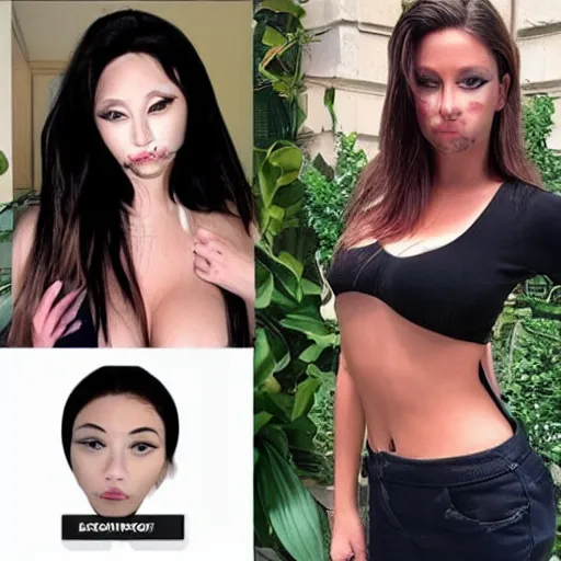 Image similar to influencer ruins good looks with trashy cosmetic surgery