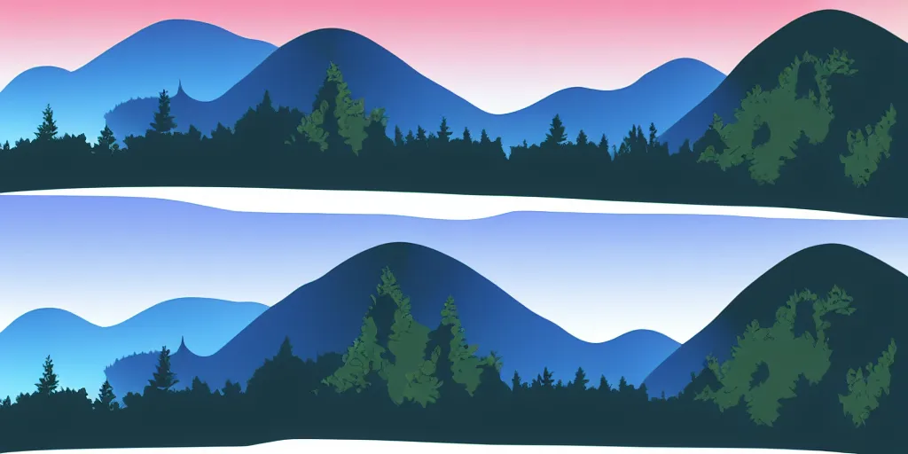 Prompt: Vector illustration of a beautiful dark blue mountain landscape with fog and forest. sunrise and sunset in the mountains