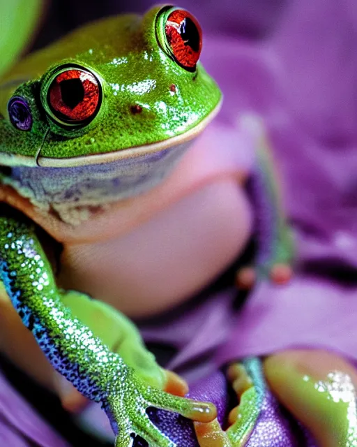 Prompt: natural light, soft focus portrait of a cyberpunk anthropomorphic tree frog with soft synthetic pink skin, blue bioluminescent plastics, smooth shiny metal, elaborate ornate jewellery, piercings, skin textures, by annie leibovitz, paul lehr