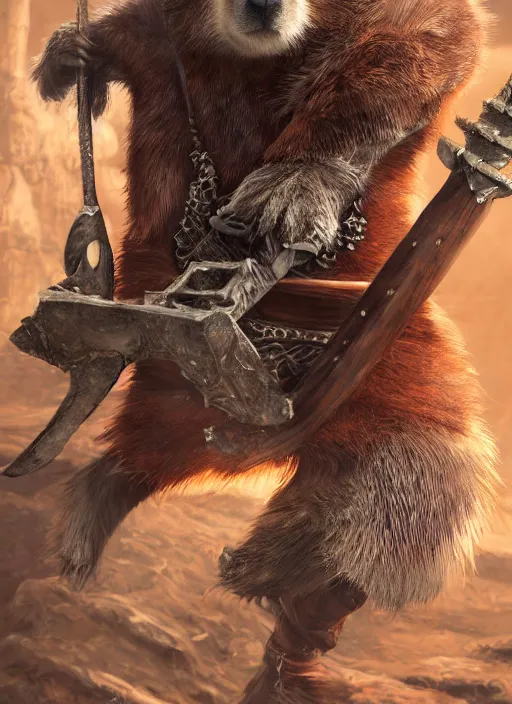 Prompt: detailed full body concept art illustration, oil painting on canvas of an anthropomorphic capybara barbarian swinging a two handed sword in full intricate clothing, biomutant, dystopian, micro detail, octane render, 4K