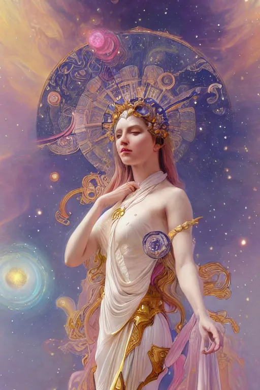 Image similar to Full view realistic Celestial Goddess of cosmic nebula in a beautiful dress, 4k digital illustration by Mandy Jurgens and Ruan Jia, ornate Iconography background in the style of Alphonse Mucha, tarot card, stunning portrait, amazing magnificent mystical illustration, award winning art, detailed and realistic, soft lighting, intricate details, realistic, full view, Artstation, CGsociety