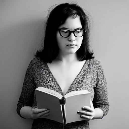 Prompt: a beautiful women readinf a book, nerdy, award winning photo, greyscale