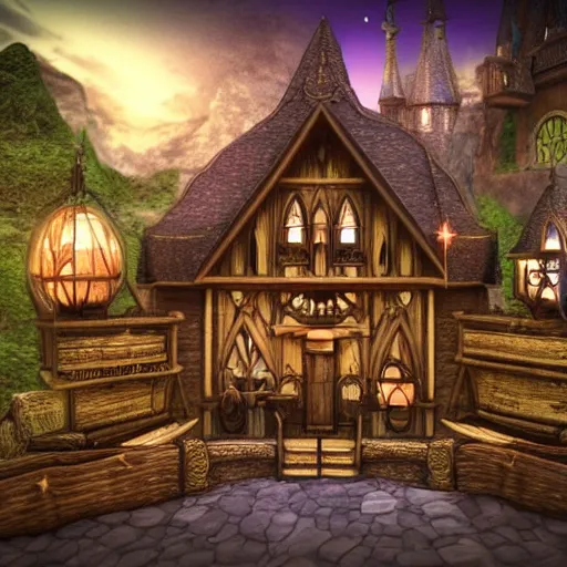 Prompt: Fantasy kingdom in magic sphere of whith in wooden house full of dark magic tools