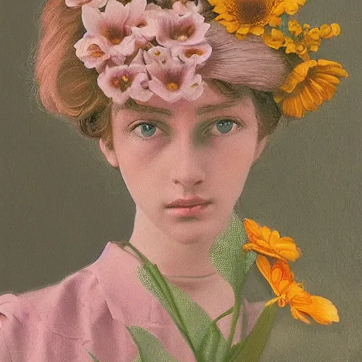 Image similar to a lot of flowers morphing in a beautiful girls face, film still by wes anderson, depicted by balthus, limited color palette, very intricate, art nouveau, highly detailed, lights by hopper, soft pastel colors, minimalist