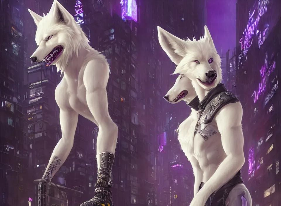 Image similar to award winning beautiful portrait commission of a male furry anthro albino wolf fursona with a tail and a cute beautiful attractive detailed furry face wearing stylish black, purple and yellow cyberpunk biker clothes standing on top of a high rise in a cyberpunk city at night while it rains. Character design by charlie bowater, ross tran, artgerm, and makoto shinkai, detailed, inked, western comic book art