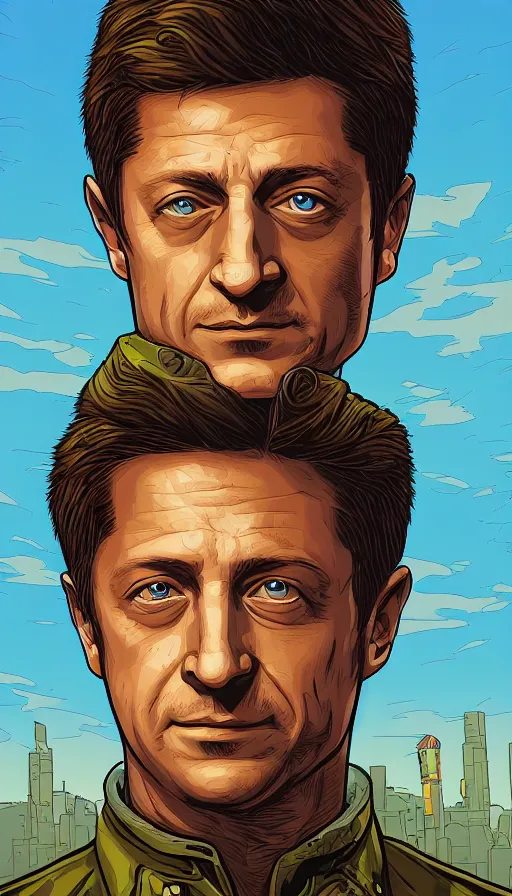 Prompt: zelensky portrait by dan mumford, josan gonzalez