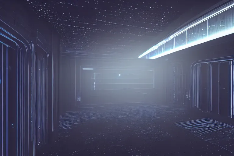 Image similar to a cinema 4 d rendering of a dark spacecraft interior, corridor, rows of doors, sparks from ceiling lights in the style of dead space, cinematic depth of field, anamorphic lens