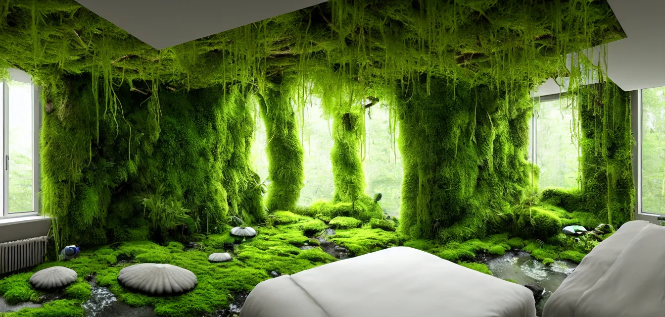 Prompt: interior of a single bedroom with a large window, moss and fern and other plants cover both floor and walls, vines hang from the ceiling, a stream runs through it, minimal furniture, a fallen log in the middle of it, scattered mushrooms, photorealistic render, highly detailed, makoto shinkai, janne laine, outi heiskanen, soft morning light