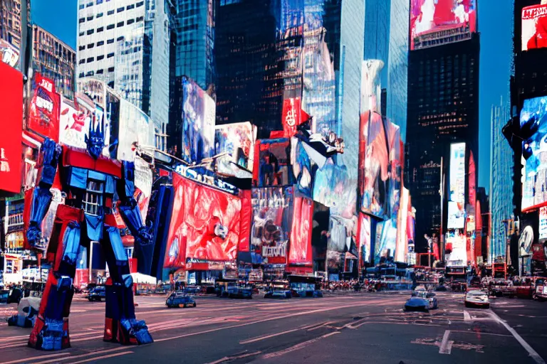 Image similar to optimus prime and godzilla in times square, cinestill, anamorphic lens