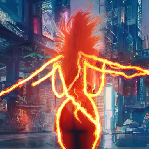 Image similar to young blonde with long hair woman from behind with flames coming out of hands flying in a cyberpunk city, very detailed, realistic, symmetrical face, art by invincible,