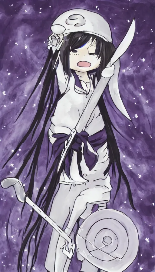 Prompt: the being death as a cute anime girl with a giant cute scythe from a studio ghibli film inspired by the death tarot card, dark ambiance