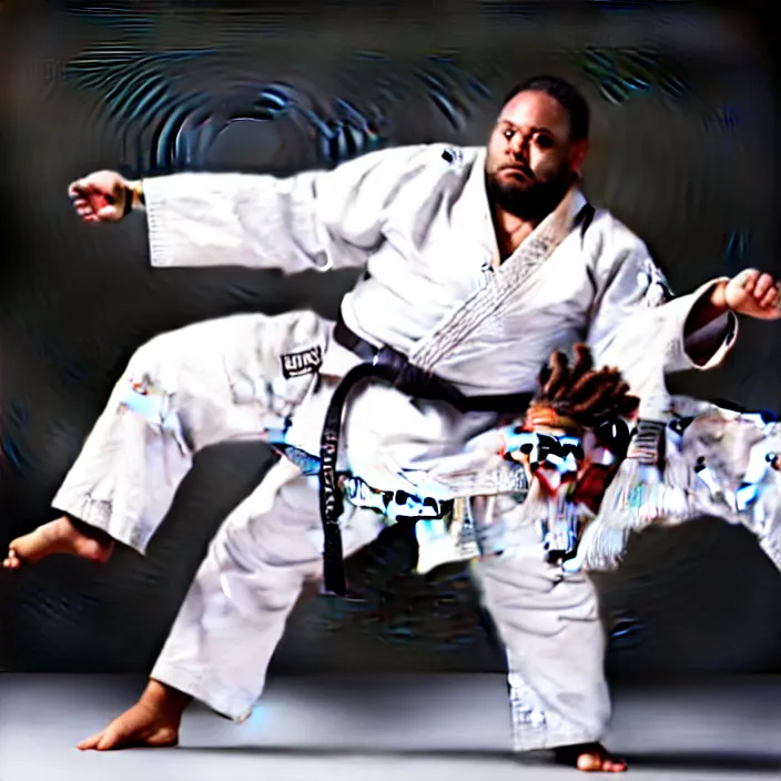 Prompt: photo of an overweight black man with dreads wearing a gi, doing martial arts, 4 k