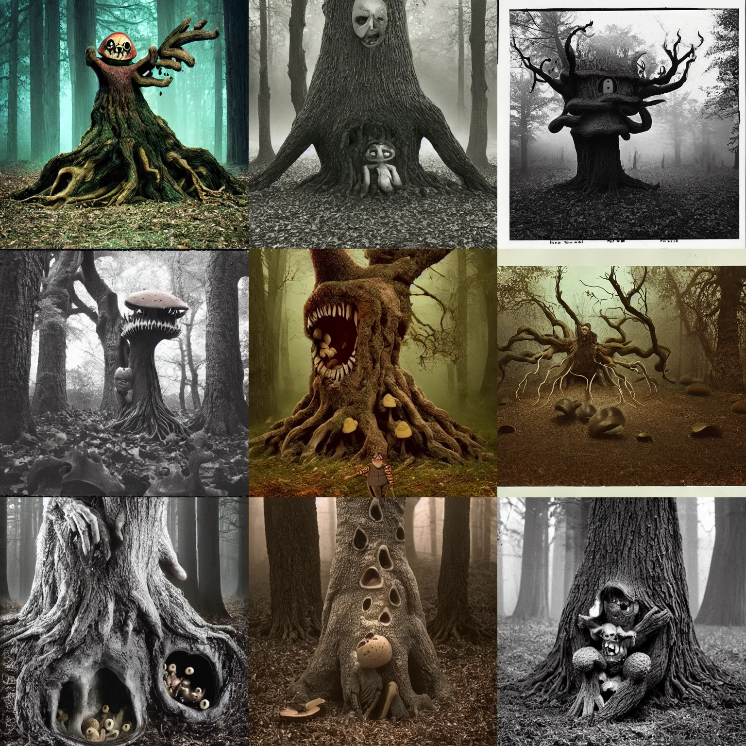 Prompt: a terrifying oak tree monster savagely stuffing a mushroom family into its gaping maw, dark fantasy horror, tortured face made of wood, oak tree ent, liminal, foggy, shot on expired kodak film