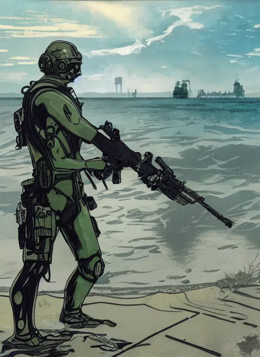 Image similar to Hector. USN blackops operator emerging from water at the shoreline. Operator wearing Futuristic cyberpunk tactical wetsuit and looking at an abandoned shipyard. Frogtrooper. rb6s, MGS, and splinter cell Concept art by James Gurney, Alphonso Mucha. Vivid color scheme.