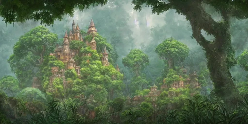 Image similar to a castle hidden in the jungle, overgrown with trees, misty, whimsical, ghibli art style, highly detailed, 4 k