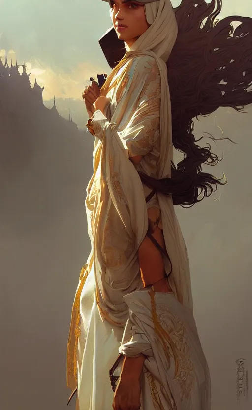 Prompt: a personification of the country saudi arabia, highly detailed, digital painting, artstation, concept art, sharp focus, illustration, art by greg rutkowski and alphonse mucha