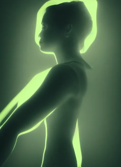 Prompt: female floating, glowing aura, motion blur, film grain, cinematic lighting, experimental film