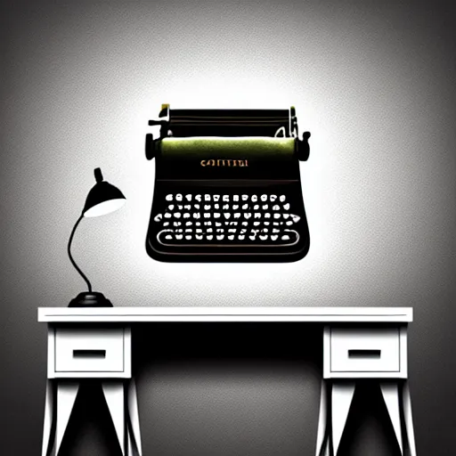 Image similar to painting of a typewriter on a desk in a dimly lit room, volumetric lighting, style of greg rutkowski