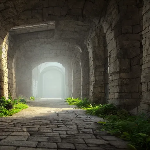 Image similar to a corridor in a stone building with trees on either side, a detailed matte painting by senior environment artist, cgsociety contest winner, fantasy art, unreal engine 5, cryengine octane render